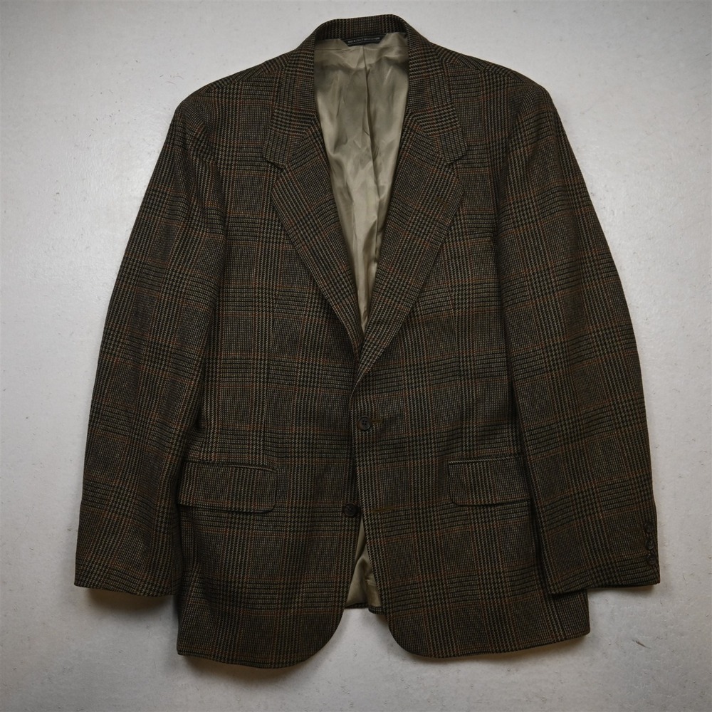 Vtg USA Banana Republic 42R Green Brown Glenn Plaid 100% Wool Tweed Blazer Coat
